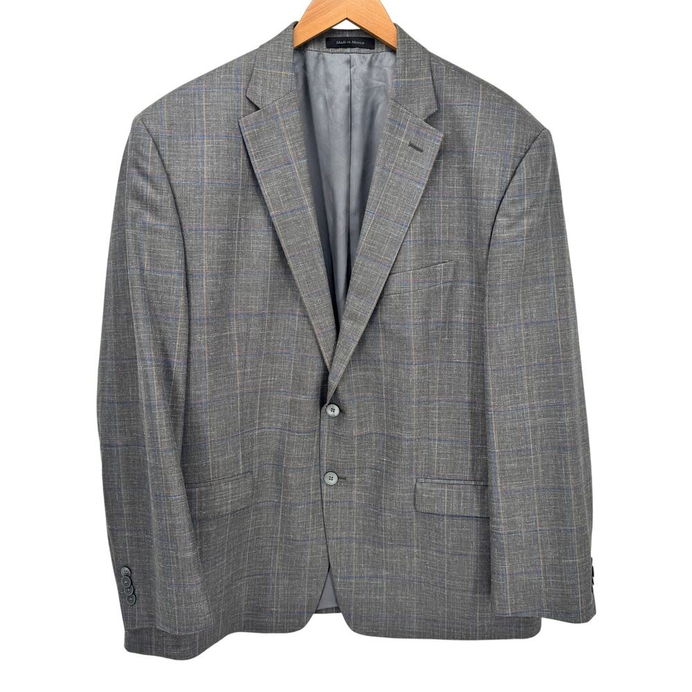 Austin Reed Blazer Mens 48 R Wool Silk Linen Gray Plaid Jacket Sport Coat